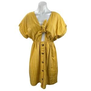 Blue Rair Yellow Striped Tie Fronbt Cutout Short Sleeve Midi Shirt Dress Size M